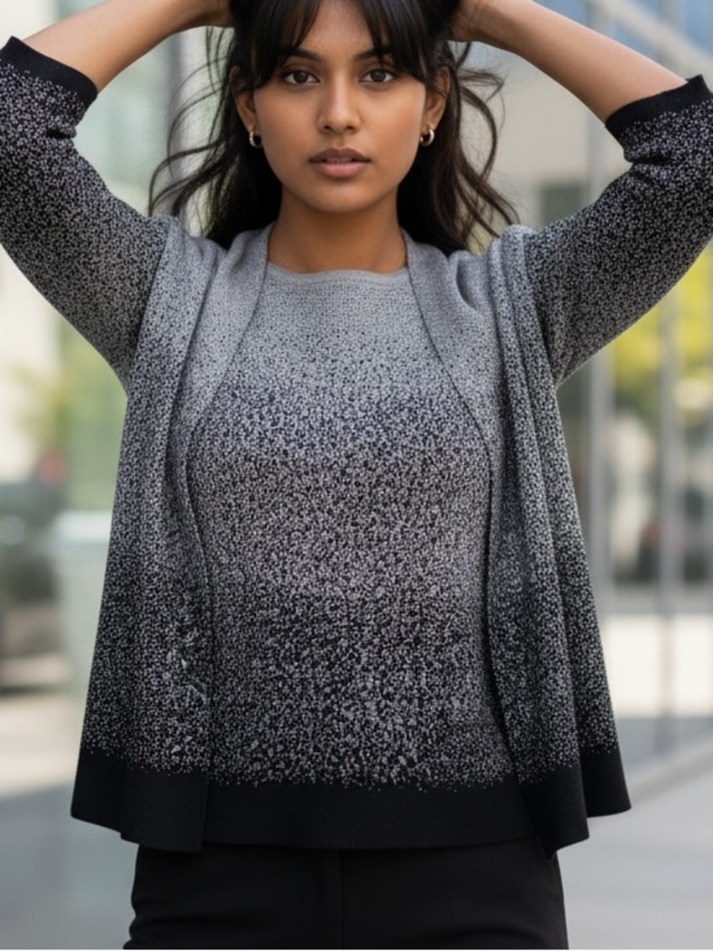 Alfred Dunner Elegant Stretchy 2/1 pc Sweater Black & Silver Sparkle Yarn